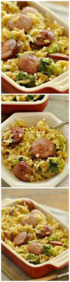 two pictures show the process of making macaroni and cheese casserole with sausage