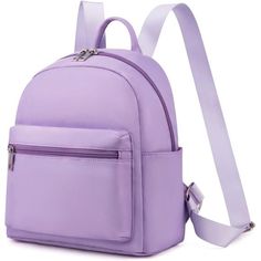 a small purple backpack with strap around the bottom and front pocket, on a white background