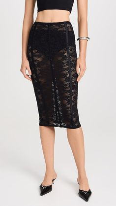 Fleur du Mal Le Stretch Lace Pencil Skirt | Shopbop Stretch Lace Bottoms For Night Out, Elegant Nylon Bottoms For Night Out, Stretch Mid-thigh Length Party Bottoms, Stretch Mid-thigh Length Bottoms For Party, Party Bottoms With Contrast Lace Detail, Party Bottoms With Contrast Lace, Elegant Fitted Bottoms With Lace Trim, Black Lace Fitted Bottoms, Fitted Black Lace Bottoms