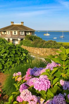 a house on the shore with flowers and boats in the water behind it, surrounded by greenery