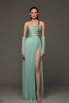 Draped dress in silk foiled tulle with one sided chain strap and gloves - HerTrove Aqua Blue Dress, Sheer Gloves, Runway Gowns, Statement Dress, Gala Dresses, Draped Dress, Blue Silk, One Sided, Tulle Dress