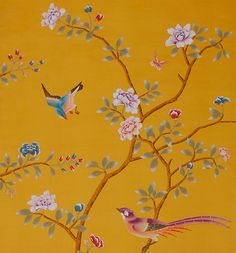 two birds sitting on a tree branch in front of yellow wallpaper with white and pink flowers