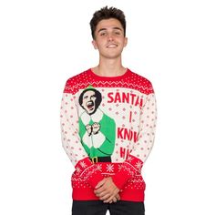 Elf Buddy Santa I Know Him Ugly Christmas Sweater Easy 30 day return policy Will Ferrell Elf, Elf Buddy, Goat Christmas, Family Christmas Dinner, Santa I Know Him, Ugly Sweater Contest, Work Christmas Party, Elf Movie, Christmas Sweater Party