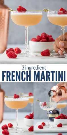 3 ingredient french martini with raspberries in coupes and garnishes