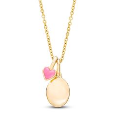 A lustrous engravable disc is nestled by a stunning pink enamel heart in this adorable children's necklace 14K Yellow Gold Pink enamel detail The 13-inch chain secures with a lobster clasp. Pink Oval 14k Gold Necklace, 14k Gold Pink Jewelry With Heart Charm, Pink 14k Gold Jewelry With Heart Charm, Pink Cable Chain Necklace Gift, Pink Cable Chain Necklace For Gift, Pink Cable Chain Necklace As Gift, Pink Charm Necklace With Adjustable Chain For Mother's Day, Mother's Day Pink Charm Necklace With Adjustable Chain, Pink 14k Gold Necklace For Valentine's Day