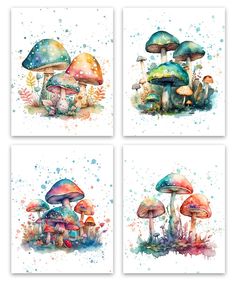 four watercolor paintings of mushrooms with different colors and sizes, each painted on white paper