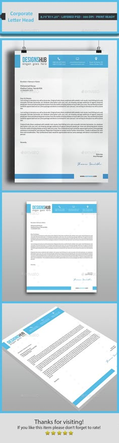 a blue and white business letterhead with two lines on it