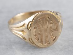 The bold type monogram on this vintage signet ring was so well done, we opted to leave it be and hope that we found someone with the initials "HTE" who loves it as much as we do! Even if you have different initials, the stylized font stands on its own as a decorative design and compliments the motifs on the ring's shoulders beautifully. Please note that this signet ring has its original monogram, and unfortunately, this piece cannot be altered without affecting the quality of the piece. Please f 14k Gold Art Deco Signet Ring, Luxury Gold Art Deco Signet Ring, Collectible Art Deco Signet Ring With Polished Finish, Vintage Monogram Signet Ring For Gift, Vintage Initials Signet Ring, Signet Ring Vintage, The Bold Type, Ring Initial, Bold Type