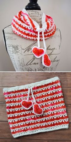 crocheted red and white scarf with hearts on it