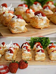 some food is sitting on a cutting board and there are strawberries in the middle