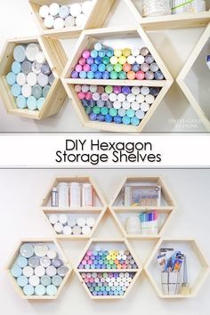 diy hexagon storage shelves made out of wood and painted with different colors