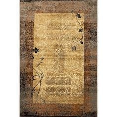 an area rug with flowers and vines on the border in brown, beige and black colors