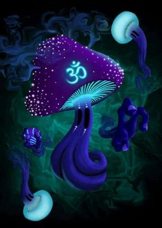 an artistic painting of a purple mushroom with the om symbol on it's back