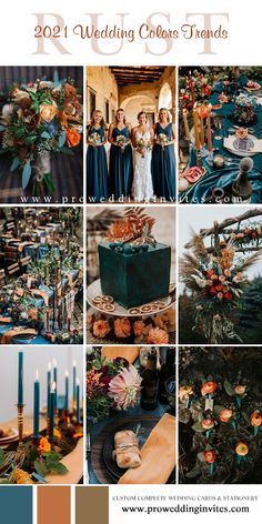 wedding color palettes for the bride and groom in blue, orange, gold and green