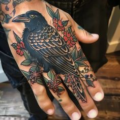 Woman Hand Tattoo Ideas, Crow Hand Tattoo, Raven Hand Tattoo, Raven Tattoo Traditional, American Traditional Raven, Hand Tattoos Traditional, Traditional Raven Tattoo, Traditional Tattoo Back Piece, Raven Tattoo Design