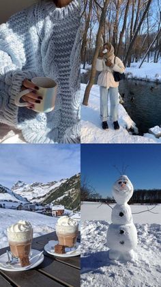 there are pictures of people making snowmen out of coffee cups and marshmallows