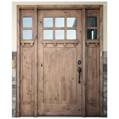 a wooden door with glass panels on the front and side doors are made of wood