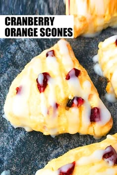 cranberry orange scones with white glaze on top and one slice missing