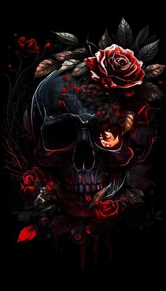 a skull with roses on it's head and leaves around its neck, in front of a black background