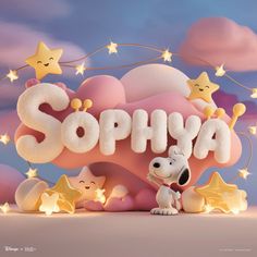 a cartoon dog is standing in front of a sign that says sophya with stars around it