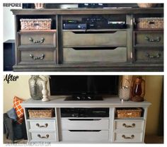 before and after photos of an old dresser turned into a tv stand with baskets on top