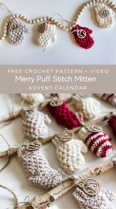 crochet pattern and video for merry puff stitch mitten ornament calendar