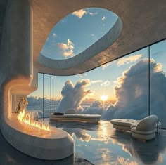 a room that has some kind of fire in the middle of it with clouds behind it