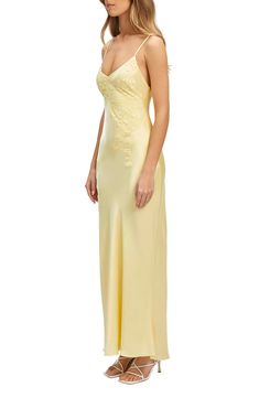 Avoco Lace Detail Midi Dress In Canary Yellow, Light Yellow Silk Dress, Light Yellow Formal Dress, Pretty Long Dresses, Light Yellow Bridesmaid Dresses, Formal Yellow Dress, Heiress Aesthetic, Yellow Formal Dresses, Light Yellow Prom Dress