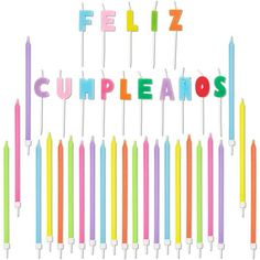 the word feliz cumpleanos spelled with colorful candles on white background