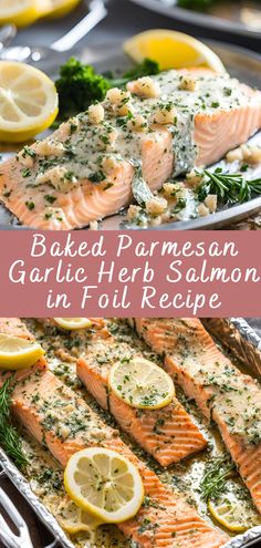 baked parmesan garlic herb salmon in foil recipe with lemons and dill