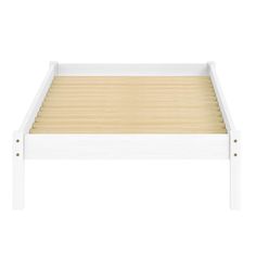 a white bed frame with wooden slats on the bottom and side rails, against a white background