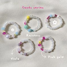 four bracelets with different colors and designs on them, all labeled in the following words