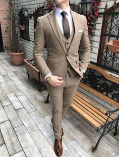 Brown Suits For Men, Suit For Men Wedding, Stylish Mens Suits, Slim Fit Suit Men, Tan Suit, Beige Suits