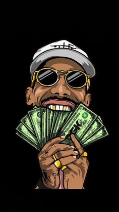 a man with sunglasses holding money in his hand and smiling at the camera, on a black background