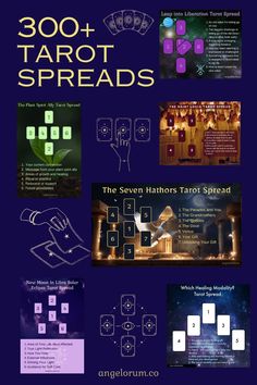 an info sheet with different types of symbols and text, including the words'300 + tarot spreads '