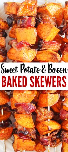 sweet potato and bacon baked skewers on a white plate with text overlay