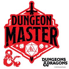 a red and black logo with the words dungeon master written in white letters on it