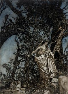 a painting of a woman standing in the woods