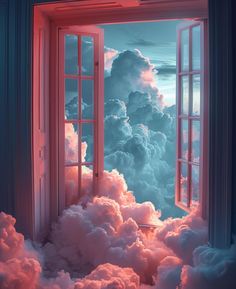 an open window in the middle of a room filled with clouds and pink hues