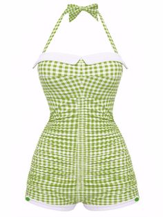 Gingham 1950s Halter Bowknot One-piece Swimsuit | Retro Stage 1 Pc Swimsuit, Swim Dress Coquette, 1960s Bathing Suits, Vintage Swimwear Aesthetic, 1950 Swimsuit, 50s Outfits For Women, 60s Summer Fashion, 60s Swimwear, 1960s Swimwear