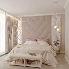 a bedroom with a large bed and white furniture