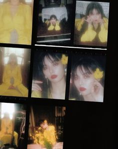 multiple pictures of a woman in yellow clothing with flowers on her head and hands near her face