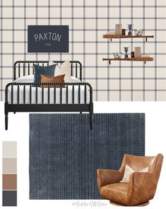 a bedroom with plaid wallpaper, leather chair and shelving unit in the background