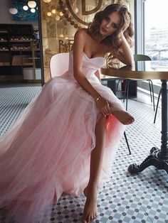 A-Line/Princess Sweetheart Sleeveless Sweep/Brush Train Ruffles Tulle Dresses - Formal Dresses - Hebeos Ruffle Tulle Dress, Tulle Dress Long, Ruffle Prom Dress, Special Occasion Gowns, Strapless Prom Dress, Bridal Jumpsuit, Prom Dresses 2019, Cheap Evening Dresses, Satin Tulle