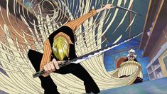 an animated image of two people holding swords in front of a spirally design background