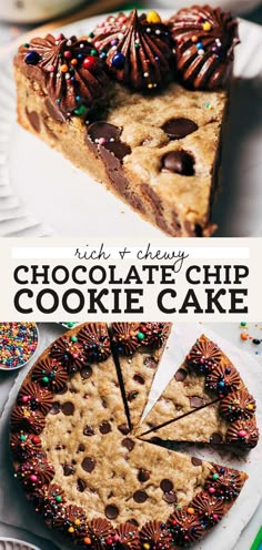 a chocolate chip cookie cake on a plate with the words rich & chewy chocolate chip cookie cake