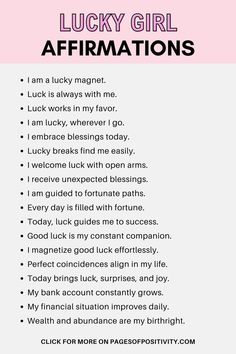 the lucky girl affirmations list is shown in pink and white with black lettering