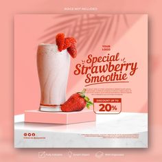 a flyer for a smoothie shop with strawberries on the side and a pink background