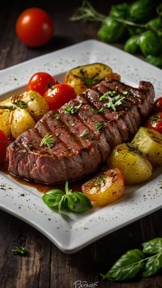 a plate with steak, potatoes and tomatoes on it