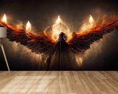 an angel with orange and red wings is shown in front of a wall mural that has flames coming out of it